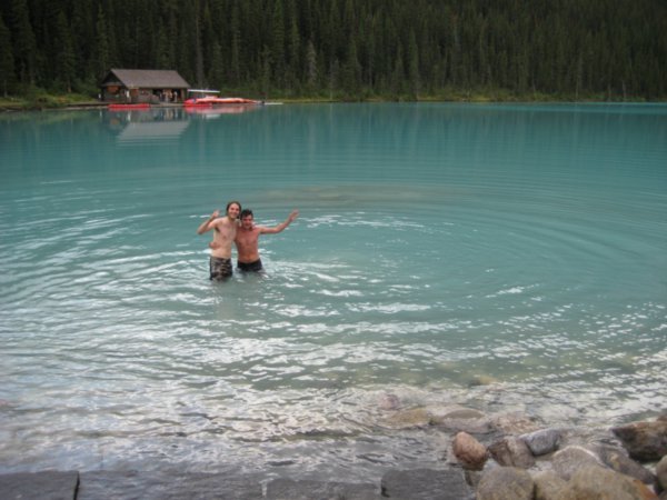 2 idiots taking a dip in Lake Louise
