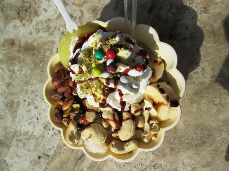 Persian Majoon: ice-cream+pistachio+milk+cream+walnut+sesame+banana+pineapple+almond+coconut