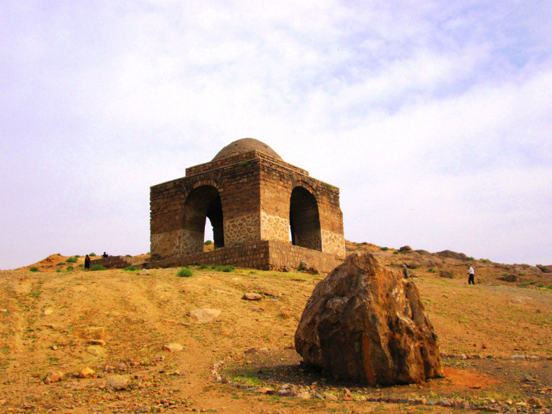 Chahar Taghi (Four Arches): An intact building (fire temple&ancient calender center) with a dome over a rock at the highest point of Niasar from the Sassanid empire (2500 years ago)
