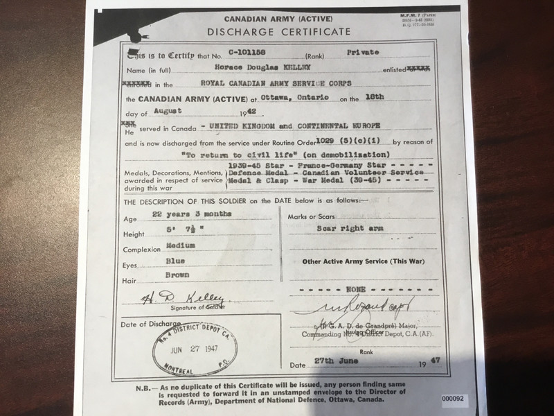 Canadian Army Discharge Certificate 