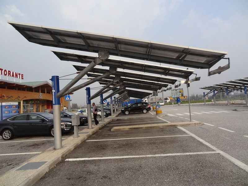 Solar panels provide shade at a service area.
