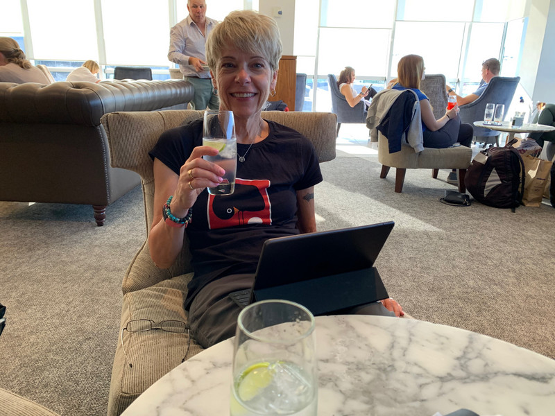 Me in the lounge in Gatwick with G&T doing this blog