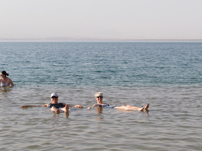 Susan and Lori floating in the Dead Sea