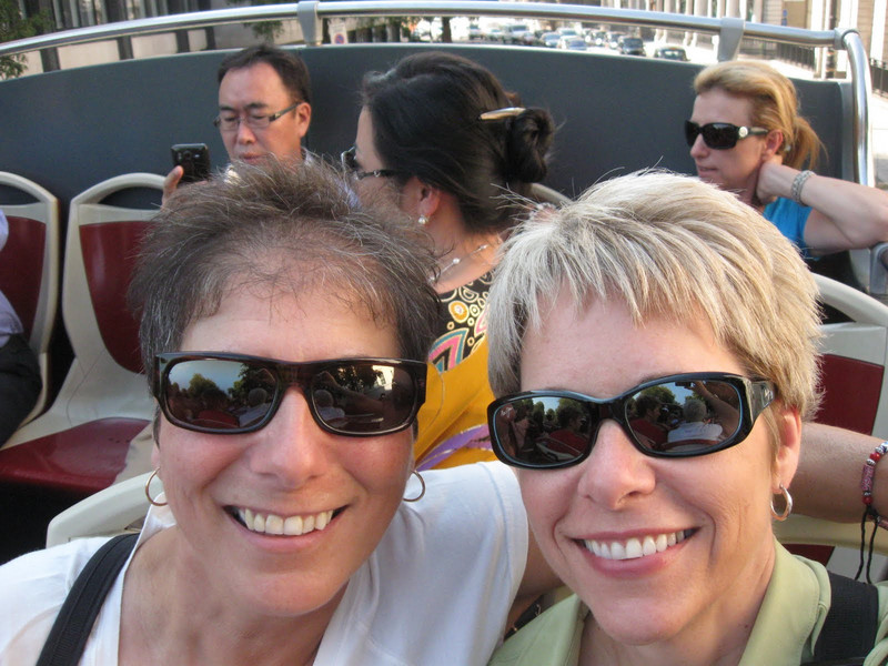Susan and Lori on the open top bus