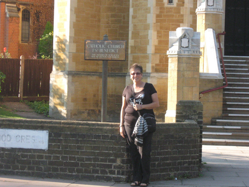 Susan in front of Ealing Abbey