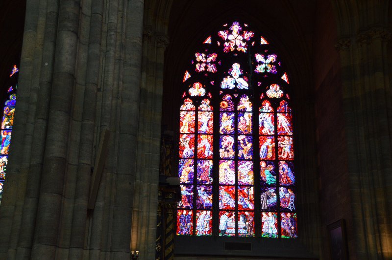 Beautiful stained glass inside the cathedral at the Prague castle