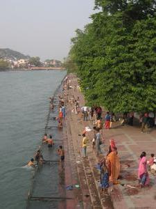 railings along the fast-flowing Ganga