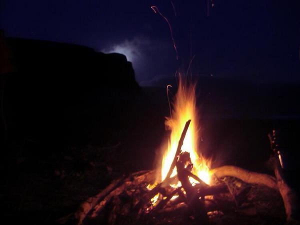 Campfire and Moon Rising Over Purakanui Bay.