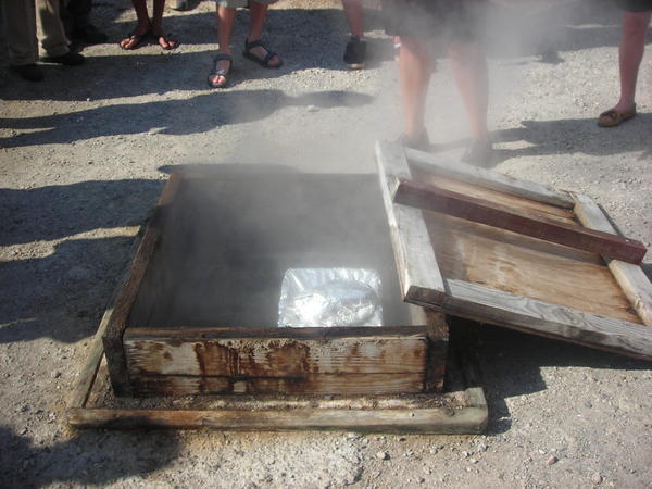 Steam box in the ground where they cook the food in the Maori village