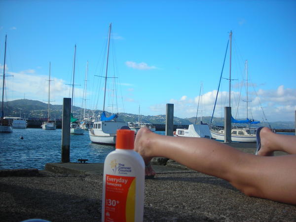 Sunbathing at the "beach" aka the harbour in Wellington city centre!
