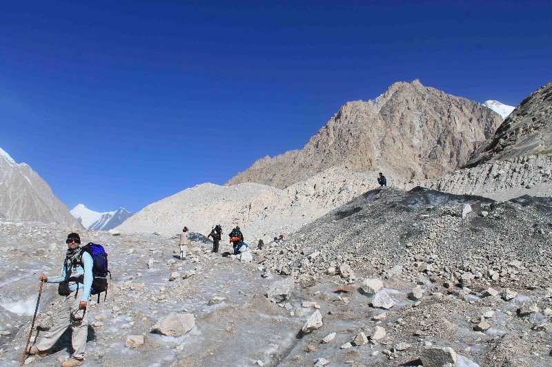 Our party moving up the glacier towards Babu Camp