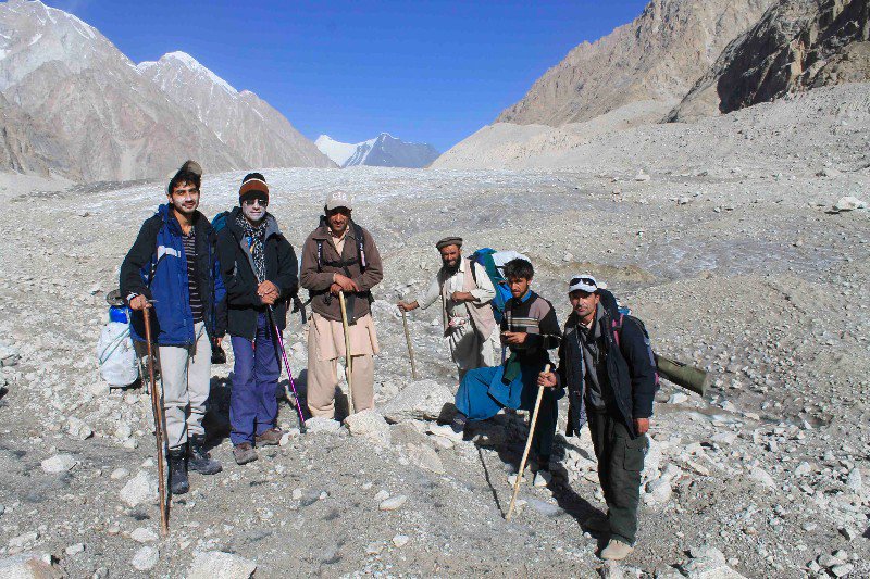 Group photo on Lower Tirich Glacier (L to R) Saad, Arshad, Zulfiqar, Haji, Khalil and Amjad