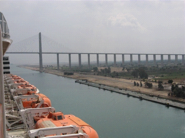 Looking back at the Suez Canal Bridge from the ship
