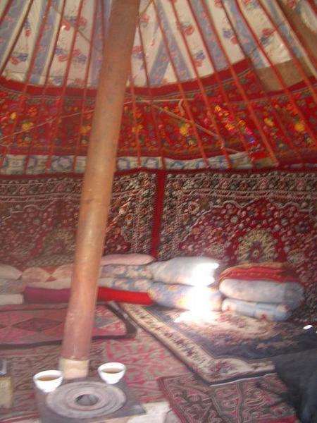 The inside of a yurt