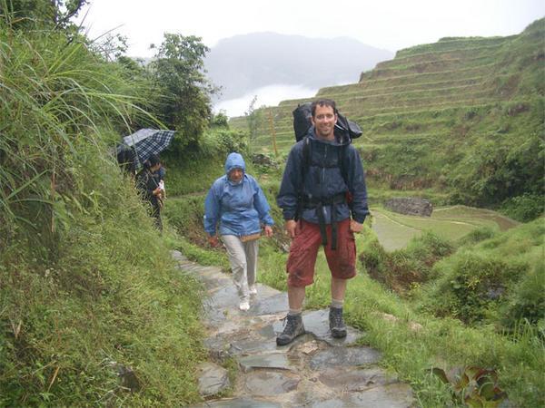 Climbing to the village in the rain