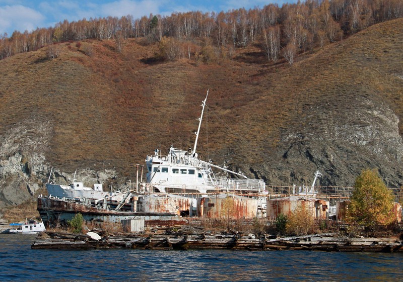 One of the old rusty ghost ships in Port Baikal
