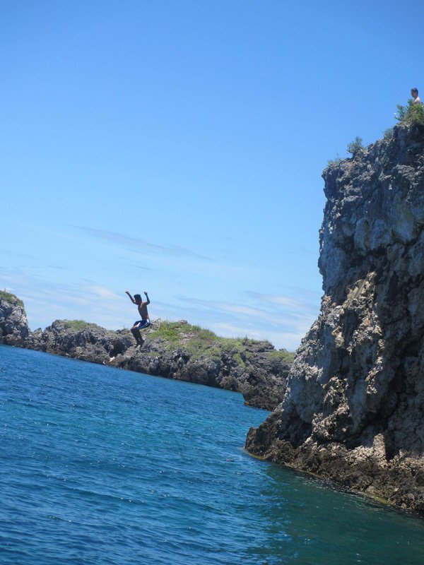 Crew member rock jumping