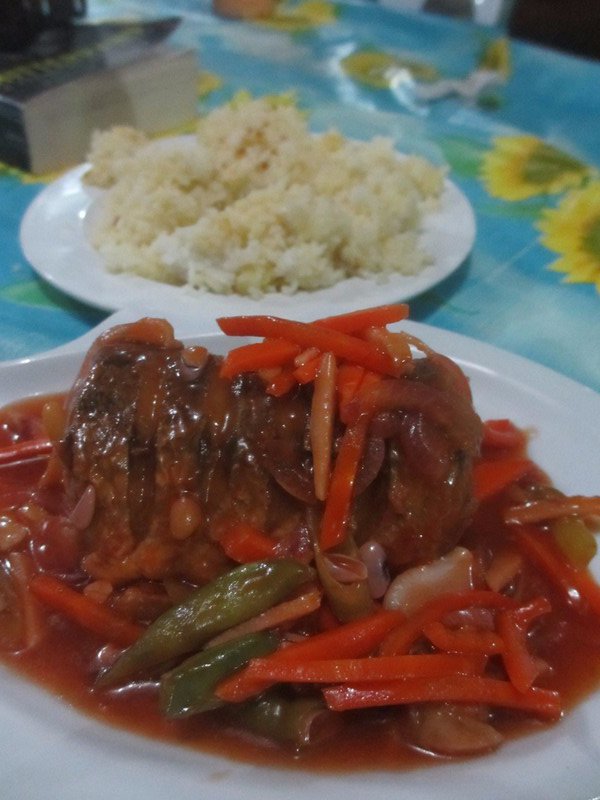 sweet and sour fried fish with garlic rice