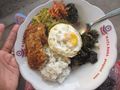 Delicious vegetarian meal with fried egg, vegetables, and Tempe.
