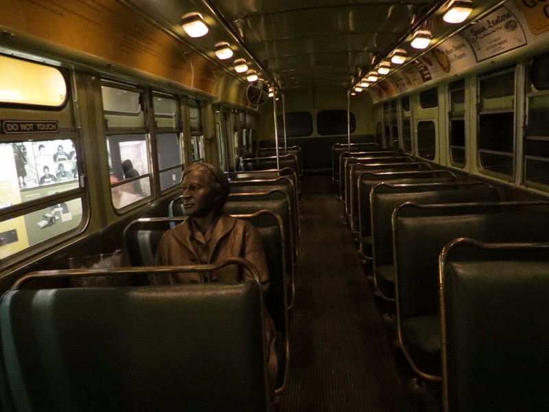 A model of Rosa Parks sat at the front of the bus