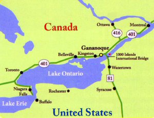 The red dot marks the Castle's location in the St Lawrence River.