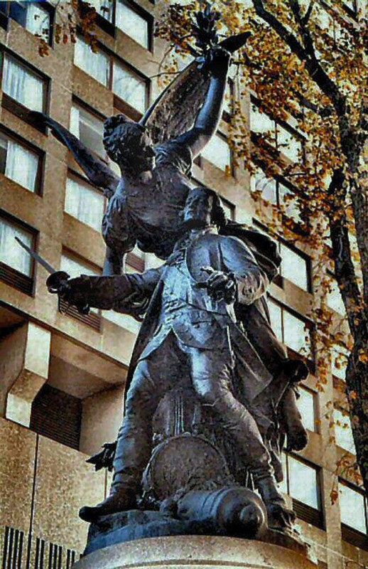 The Marquis de Montcalm (1712-1759), who also perished, is depicted being borne Heavenward by an angel in this 1911 statue.
