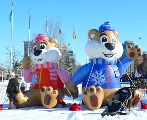 'Ice Hogs' - Winterlude mascots, English (red) and French (blue)