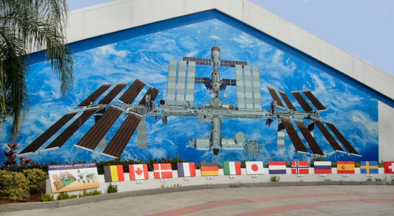 Shown are the ISS and flags of all the nations that have contributed to building and maintaining it.