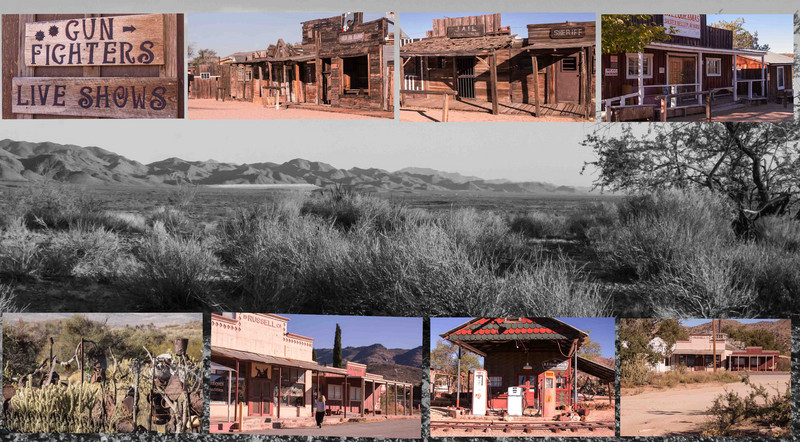 Township of Chlorine, Arizona, top shows reconstructed ghost western town, bottom the actual township today
