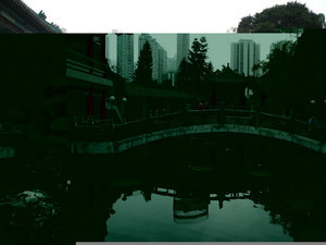 Jardin du Temple Sik Sik Yuen. (la photo ne reflète en rien l'ambiance qui y régnait).