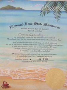 My Certificate for Summiting Diamond Head Crater!