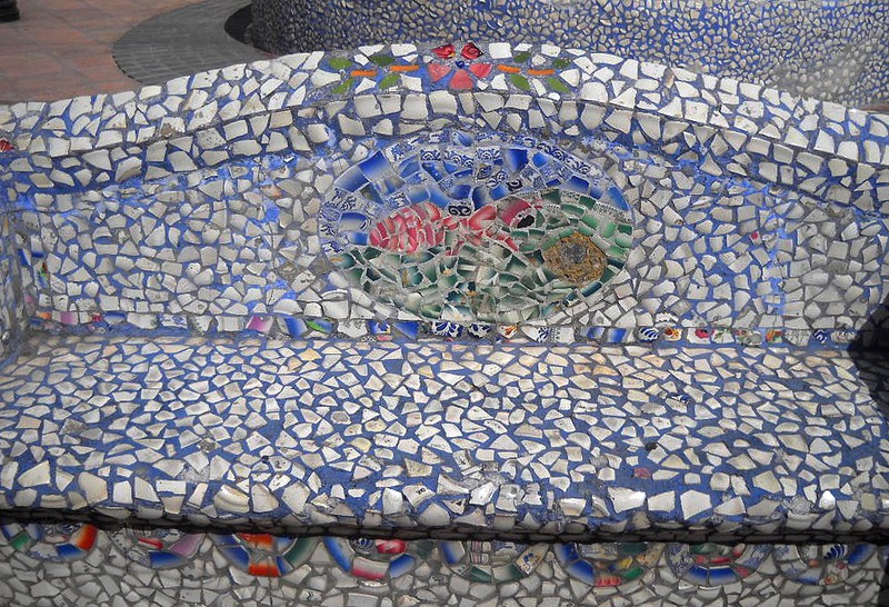 One of several decorated benches