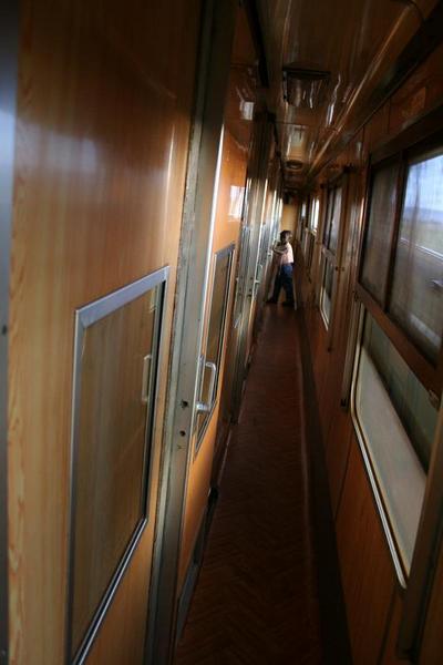 The narrow corridor of the train