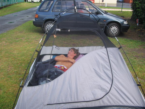 We decided to wake James up by taking the roof off his tent