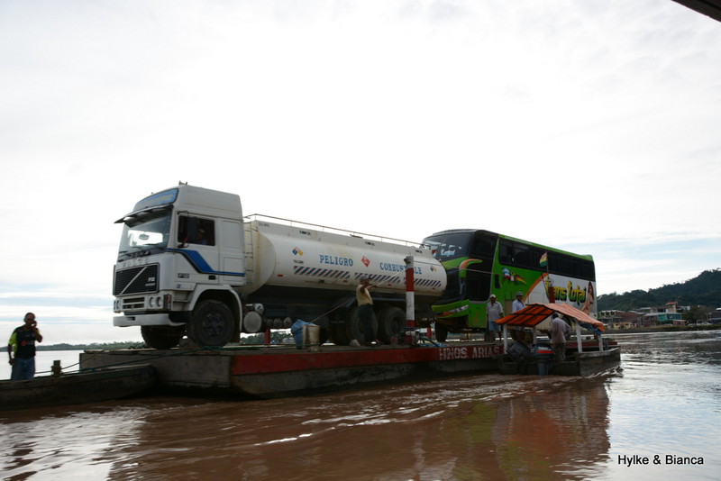 Trucks crossing the river