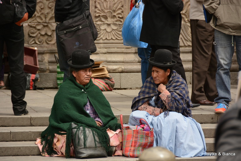 Ladies in front of San Francisco church in La Paz