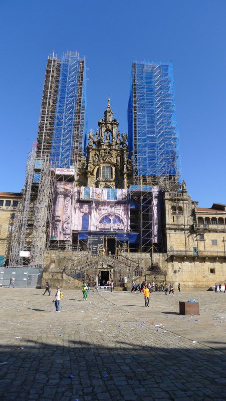 Cathedral at Santiago, covered in scaffolding.
