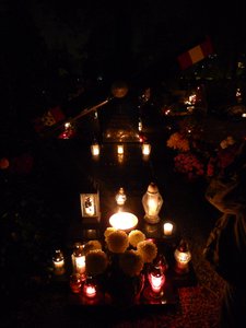 A typical grave with flowers and candles.