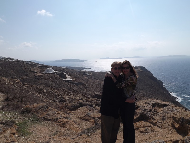 Deke and I near Mykonos Lighthouse - We prefer Pics from Faraway . . . .