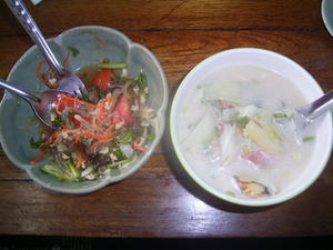 Chicken in coconut milk soup and hot & spicy glass noodle salad!