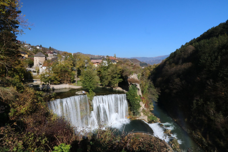 Pliva waterfall from the main viewpoint beside the petrol station