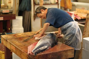 Carving up tuna at Tsukiji fish market