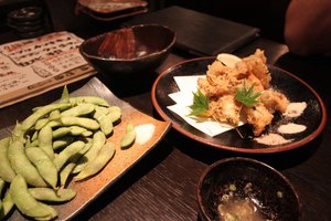 Mushroom tempura and edamame