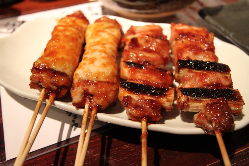 Chicken meatballs and chicken and spring onion yakitori