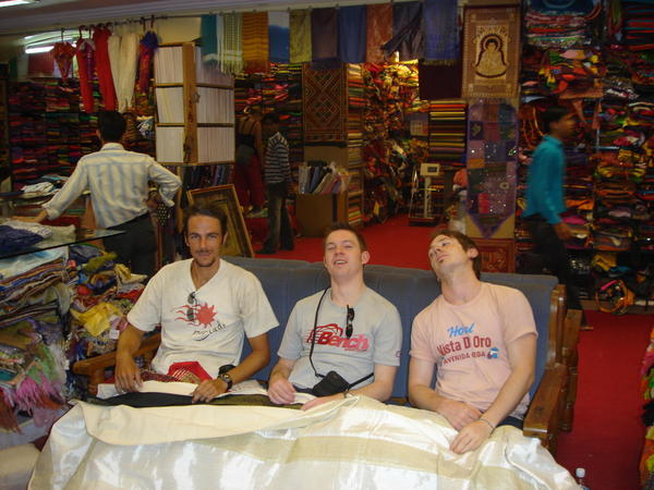 Enjoying the display put on for us by the fabric sellers. We left empty handed!