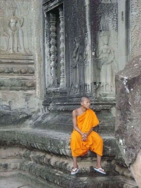 A monk surveys the damage