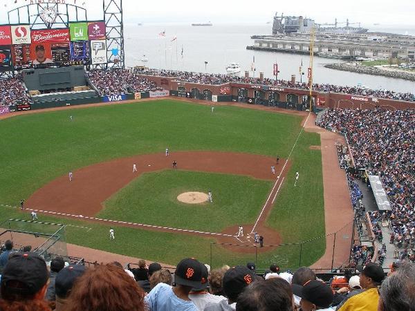 What a view boats watch the base ball game with us from San Francisco harbour