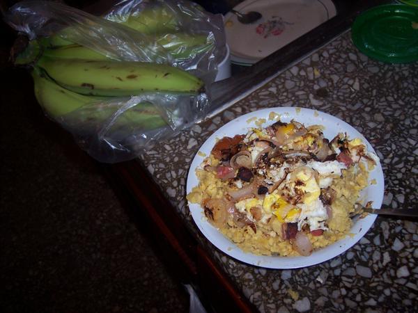mangu with eggs, unions, and salami