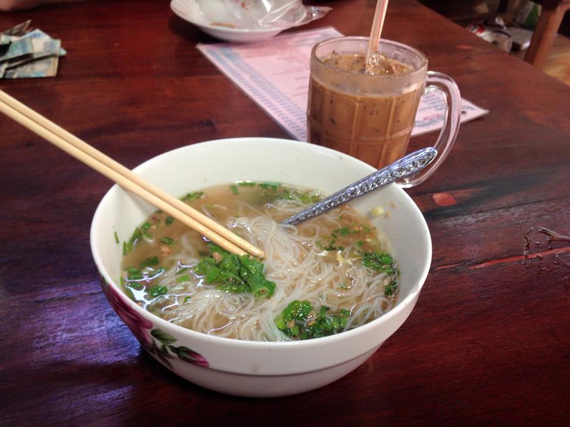 A proper Laos lunch: beef noodles and Laos coffee