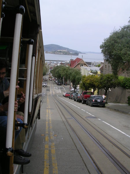 Riding uphill on the cable car.